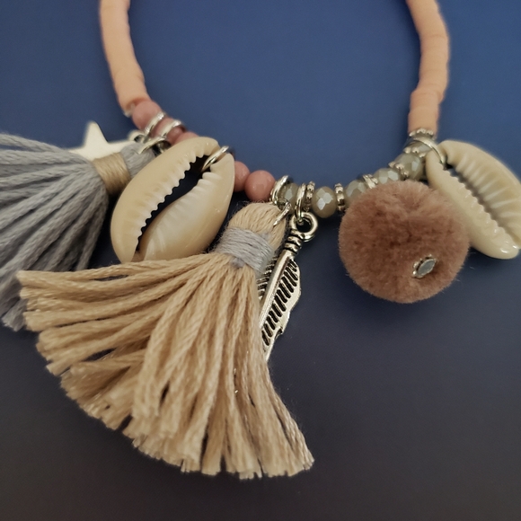 Boho Jewelry Bracelet for Women, Colorful Clay Beads with Tassel Shell - Picture 5 of 7